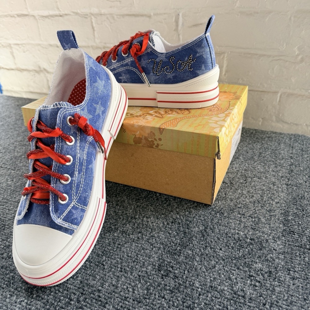 Very G Womens Aman USA LaceUp Canvas Sneaker Denim 4th Of July America 250 Sz 9